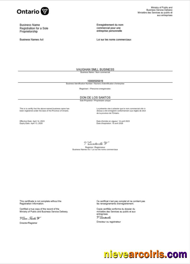 Canada Ontario certificate of business registration